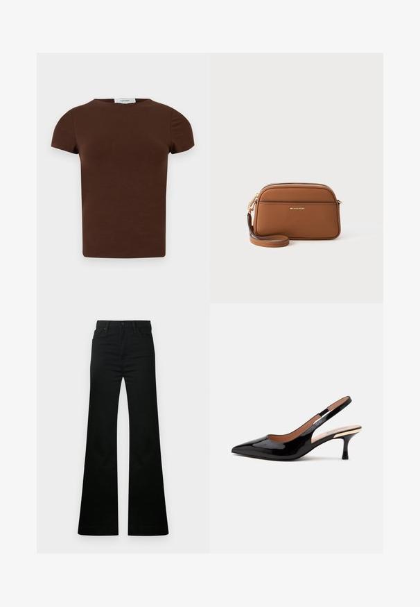 Brun T-shirt med korte ærmer, rund hals og ensfarvet design med et Topshop-mærke ved halsudskæringen.; Sorte jeans med vidde i benene lavet af bomuld, med en klassisk lukning med knap og lynlås, forlommer og en glat, ubesmykket tekstur.; Sort laklæder slingback pumpe med spids tå og lav kitten hæl på en ens hvid baggrund.; Brun læder crossbody taske med guldfarvet hardware, lynlås lukning og justerbar rem. Har et minimalistisk design og prægede logo.