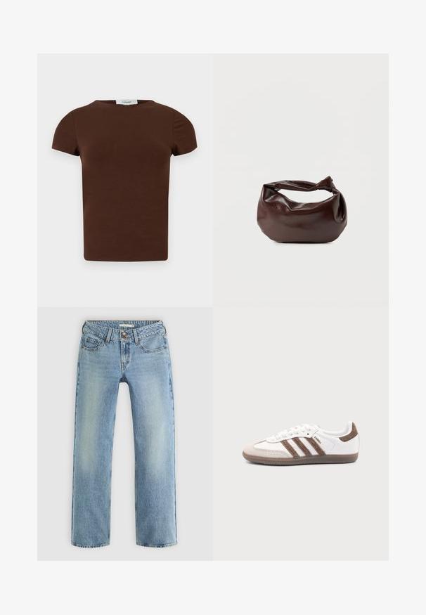 Braunes T-Shirt mit kurzen Ärmeln, Rundhalsausschnitt, schlichtem Design und einem Topshop-Label im Nacken.; Hellblaue gerade geschnittene Jeans aus Denim, mit Knopfverschluss, fünf Taschen und subtiler Ausbleichung entlang der Beine.; Weißer Adidas Samba Sneaker mit braunen Wildlederstreifen, brauner Gummisohle und beiger Wildlederkappe, von der Außenseite auf schlichtem Hintergrund gezeigt.; Dunkelbraune Lederschultertasche mit weicher, lockerer Form und einem gedrehten Knotengriff vor schlichtem weißem Hintergrund.