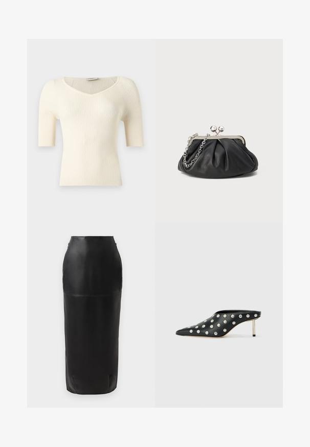 Haut court à manches courtes en maille côtelée crème avec col en V et silhouette ajustée, présenté sur un fond uni.; Jupe midi en cuir noir avec une silhouette ajustée, texture lisse, taille haute et fermeture éclair discrète sur le côté. Aucun motif ni accent.; STAND STUDIO KELSEY - Mules à talons - black; Porte-monnaie en cuir noir avec texture froncée, cadre en métal argenté, fermeture à verrouillage kiss-lock et bandoulière en chaîne. Surface lisse et douce.