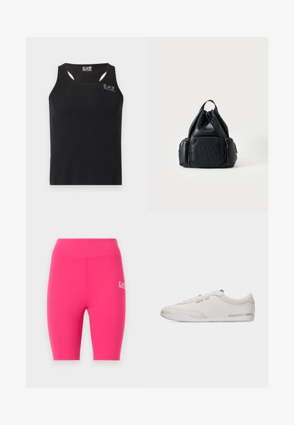 Débardeur noir sans manches avec dos nageur et logo blanc EA7 Emporio Armani sur la poitrine ainsi qu'une étiquette à l'intérieur du col.; Shorts de cyclisme taille haute rose vif avec un logo blanc EA7 Emporio Armani sur la cuisse droite, présentés sur un fond clair uni.; Baskets basses blanc cassé et beige à lacets, avec des détails en cuir lisse et en daim, arborant un petit logo Michael Kors sur le côté.; Sac à dos en cuir noir avec cordon, poches zippées à l'avant et sur le côté, avec logo "EA7 Emporio Armani" embossé sur la poche avant.