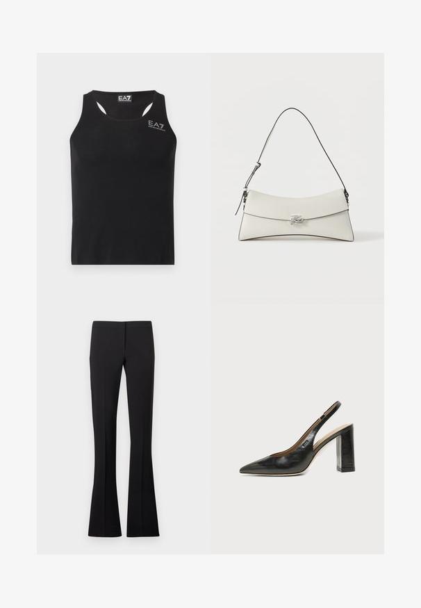 Débardeur noir sans manches avec dos nageur et logo blanc EA7 Emporio Armani sur la poitrine ainsi qu'une étiquette à l'intérieur du col.; Pantalon noir évasé avec une texture lisse, doté d'une taille ajustée et sans poches ni ornements visibles.; Chaussure slingback en cuir noir à bout pointu avec un talon bloc haut et une doublure intérieure beige sur un fond clair uni.; Sac à bandoulière en cuir blanc avec rabat incurvé, bordure noire, sangle réglable et boucle décorative argentée sur fond uni.