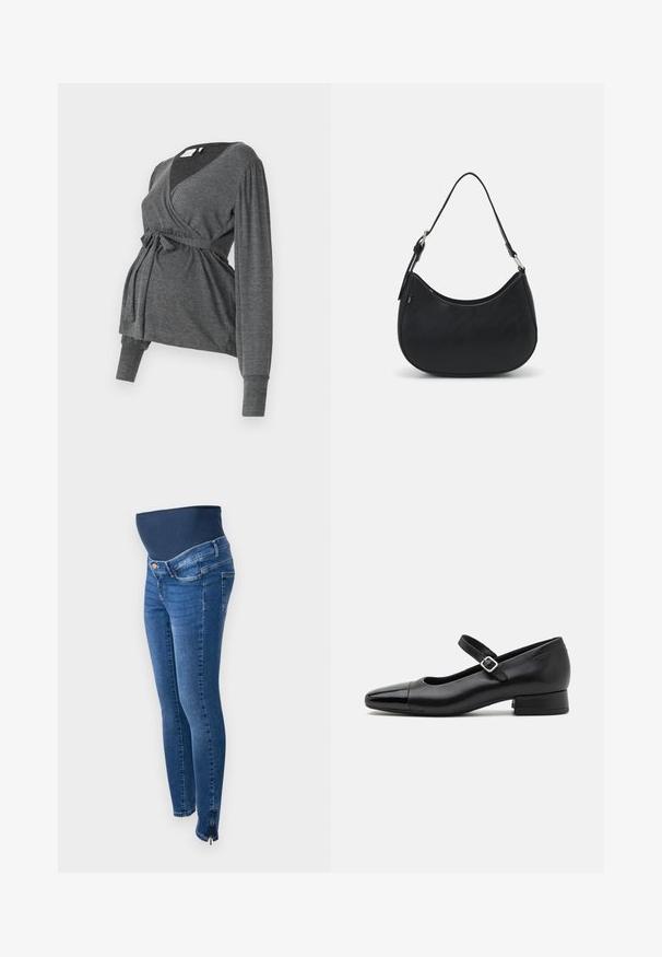 Grå, langærmet indpakningsbluse lavet af blødt materiale, med v-hals og bindebånd i taljen. Ærmerne har en let puffdetalje.; Graviditetsjeans i mørkeblå denim. Slim fit med et strækbart, støttende mavebånd. Har sidelommer med lynlås ved anklen.; Sorte læder Mary Jane-sko med en patenttå, justerbar ankelrem og lav blokhæl. Glat tekstur og strømlinet design.; Sort hobo taske lavet af glat læder med en buet silhuet, der har en enkelt justerbar skulderrem og minimalistiske designdetaljer.