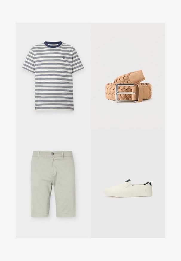 T-shirt blanc avec des rayures horizontales bleu marine, col rond et petit logo bleu marine sur la poitrine gauche.; Shorts gris clair longueur genou avec fermeture à bouton et zip, passants de ceinture et poches avant, présenté sur un fond blanc uni.; Chaussures slip-on en tissu blanc léger avec une surface texturée et un accent de talon foncé contrastant. Semelle en caoutchouc pour une meilleure adhérence.; Ceinture tressée en daim marron clair avec une boucle rectangulaire en métal argenté, roulée sur un fond uni clair.