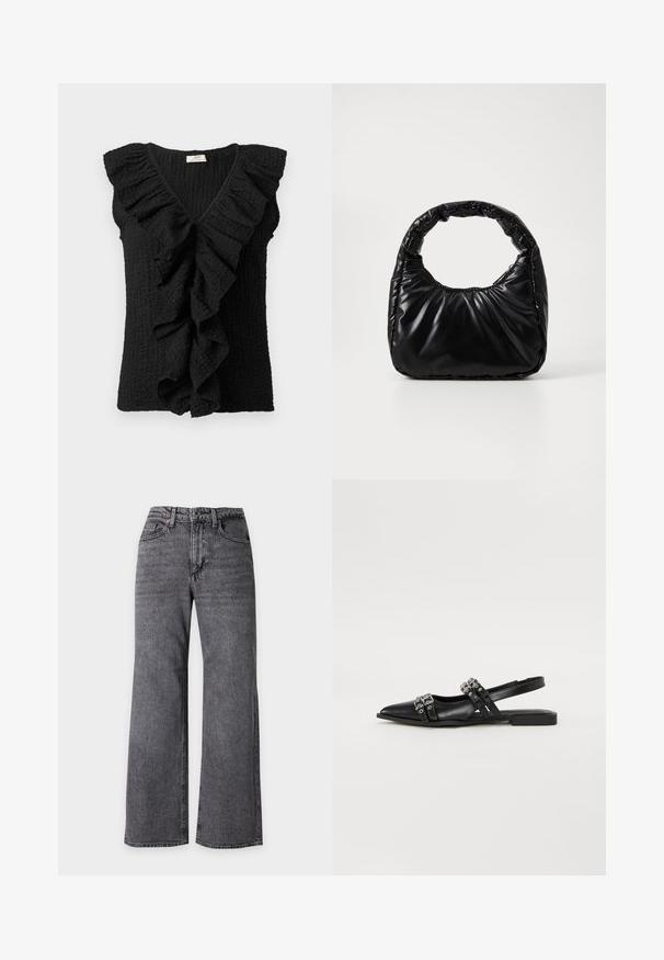 Sort tekstureret ærmeløs bluse med dyb V-udskæring og store flæser, der kaskader ned over fronten og langs skuldrene.; Hojsiddende sorte brede jeans med knapper foran og lommer, vist helt udstrakt.; Even&Odd by Zalando Slingback-ballerinasko - black; Sort polstret håndtaske med et rundt håndtag, der har en glat, skinnende overflade og en blød, kviltet tekstur. Ingen synlige hardware eller accenter.