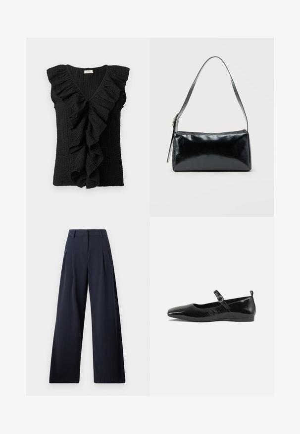 Blouse sans manches texturée noire avec un décolleté en V profond et de grands volants tombant sur le devant et le long des épaules.; Pantalons larges navy avec une texture lisse, présentant des plis avant et une taille classique, conçu pour un ajustement décontracté.; Chaussure plate en cuir verni noir avec un bout pointu, une sangle de cheville avec boucles, et une texture lisse et brillante. Talon bas pour le confort.; Sac d'épaule rectangulaire noir avec une sangle réglable unique et une fermeture éclair supérieure sur un fond uni.