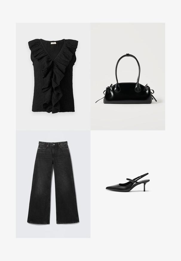 Blouse sans manches texturée noire avec un décolleté en V profond et de grands volants tombant sur le devant et le long des épaules.; Jean noir à jambes larges avec cinq poches et fermeture par bouton, présenté à plat sur un fond clair.; Talons aiguilles noires en cuir avec un bout pointu, une fine bride réglable, et un talon aiguille d'environ 5 cm, texture lisse.; Petit sac à main noir brillant avec deux longues anses et des détails à cordon sur les côtés sur un fond clair uni.