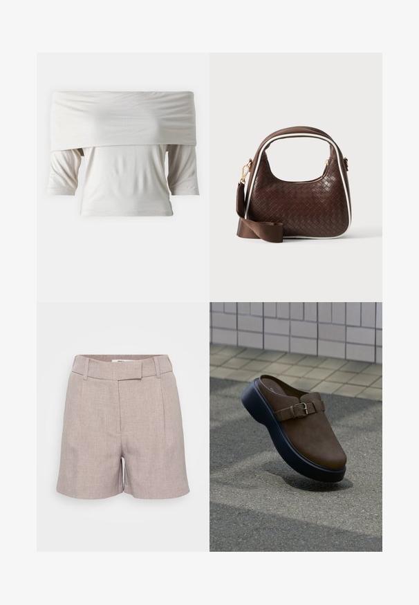 Off-the-shoulder hvid bluse med korte ærmer, lavet af blødt stof. Har en løs pasform og glat tekstur, med et minimalistisk design.; Lysegrå linnedshorts med en struktureret overflade, der har en flad front, bæltestropper og sidelommer. Skræddersyet pasform med knælængde.; Brun ruskind slip-on sko med sort tyk sål og sidestrop, svævende over tekstureret fortov med flisebeklædt væg i baggrunden.; Brun vævet læderhåndtaske med hvid piping, guldfarvet lynlås og aftagelig brun stofskulderrem.