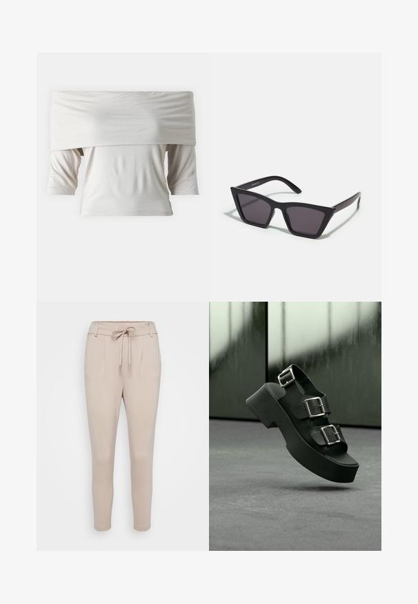 Off-the-shoulder hvid bluse med korte ærmer, lavet af blødt stof. Har en løs pasform og glat tekstur, med et minimalistisk design.; Beige bukser lavet af blødt stof, med snøring i taljen, frontplisseringer og tætsiddende ben. Glat tekstur uden synlige mønstre.; Sort platformsandal med tre brede remme og sølvspænder, svævende over et gråt tæppe med sløret glasbaggrund.; Sorte, kantede solbriller med grå linser; lavet af plast, med tykke stænger med en glat overflade og ingen synlig hardware.