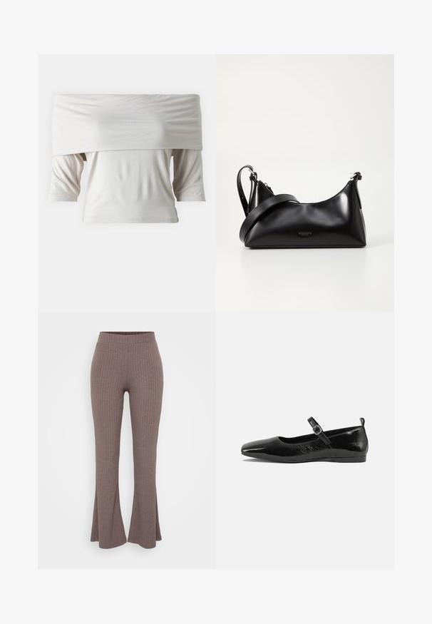 Valgest off-the-shoulder topp, lühikeste varrukatega, pehmest kangast. Omab la loose fit'i ja siledat tekstuuri, minimalistlik disain.; Pruunid ribatud laiad püksid kõrge, veniva vöökoha ja pehme tekstuuriga, millel on kogu ulatuses peen vertikaalne mustr.; Mustmust musta nahk king, millel on terav nina, pahkluu rihm koos pandlaga ja sile, läikiv tekstuur. Madal konts mugavuse tagamiseks.; Mustmust nahkaga kott sileda tekstuuriga. Omab reguleeritavat rihma ja sujuvat, minimalistlikku disaini, millel on lukuga sulgemine.