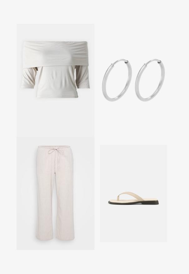 Top blanco de tirantes caídos con mangas cortas, hecho de una tela suave. Presenta un ajuste holgado y una textura suave, con un diseño minimalista.; Pantalones de tejido ligero en beige claro, con cinturilla elástica y cordón. Silueta holgada y de pierna ancha con un sutil patrón texturizado.; Sandalia plana beige tipo tanga con plantilla acolchada y suela negra, mostrada de lado sobre fondo blanco.; Pendientes de aro de plata, forma circular, textura lisa y brillante, y ancho constante en toda su extensión. Diseño minimalista sin acentos adicionales.