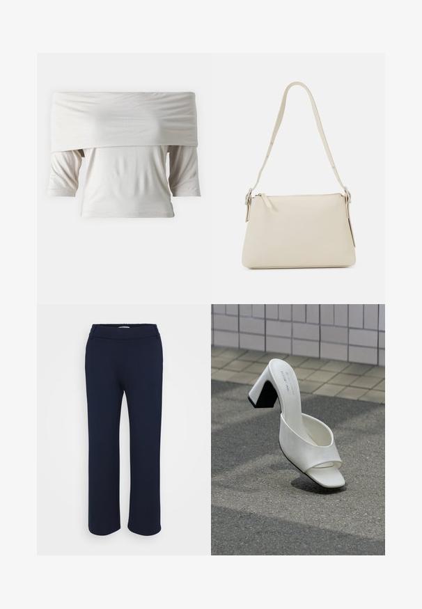 Top blanco de tirantes caídos con mangas cortas, hecho de una tela suave. Presenta un ajuste holgado y una textura suave, con un diseño minimalista.; Pantalones rectos de color azul marino, confeccionados en una tela elástica, que cuentan con una cinturilla plana y dos bolsillos laterales para mayor funcionalidad.; Un mule blanco de punta abierta con tacón cuadrado, sobre asfalto gris frente a una pared con azulejos.; Bolso de hombro beige hecho de cuero suave con cierre de cremallera. Presenta un diseño simple, correa de hombro delgada y acentos de hardware metálico.