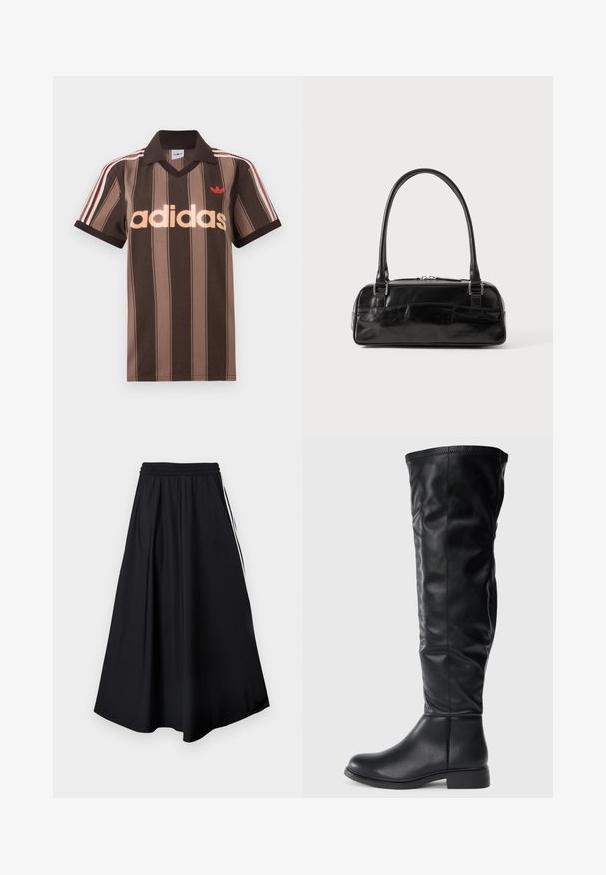 Pruunide triipudega Adidas polotee, V-kaelusega, bordeau krae ja punase logoga. Omad valge ja punase triibuga õlad ning lühikesed varrukad.; Mustad laia lõikega püksid kummiga vöökohal ja valgete küljeribadega, esitatud tühjal valgel taustal.; Mustad, mustad põlve kõrgused saapad, valged siledast nahast, ümmarguse varbaga, madala plokkkontsaga ning kergelt langetatud varrega, millel on õmblusdetail.; Must must beebkott, millel on ristkülikuline kuju, ühekordne tahke käepide, hõbedased detailid ja lukuga sulgemine. Sile tekstuur.