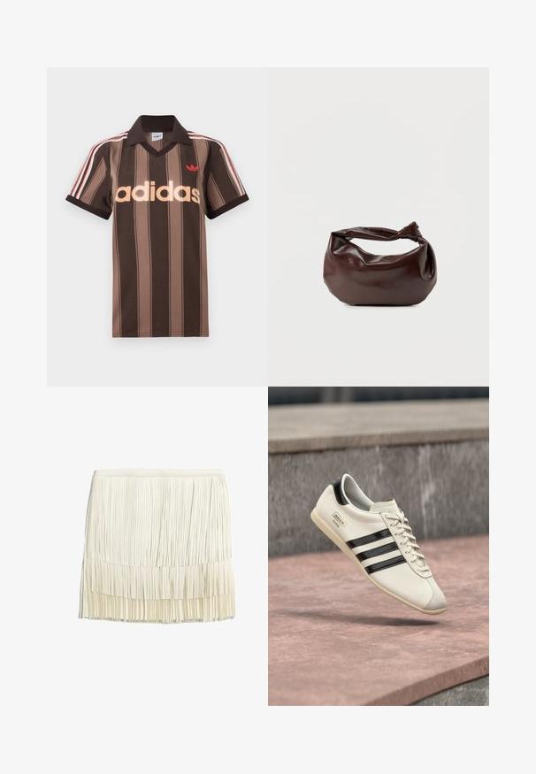 Polo Adidas marrón con rayas, cuello en V, cuello burdeos y logo rojo. Presenta rayas blancas y rojas en los hombros, mangas cortas.; Falda de flecos en crema, confeccionada con tiras de tela en capas. Presenta una cintura ajustada y un diseño texturizado en tiers con flecos verticales.; Zapatilla blanca de Adidas con rayas negras y suela beige, flotando sobre una superficie de concreto rosada y un fondo de piedra gris.; Bolso de hombro de cuero marrón oscuro con una forma suave y caída, y un asa con nudo torcido sobre un fondo blanco liso.