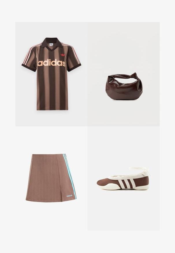 Καφέ ριγέ πόλο μπλουζάκι Adidas με V-λαιμόκοψη, μπορντό γιακά και κόκκινο λογότυπο. Διαθέτει λευκές και κόκκινες ρίγες στους ώμους, κοντά μανίκια.; Καφέ πλισέ σορτς με μπλε πλαϊνές ρίγες και λογότυπο. Διαθέτει καθαρή σχεδίαση, διακριτή υφή και ίσια στρίφωμα.; Καφέ και λευκό μπαλαρίνα με τρεις λευκές ρίγες και φιόγκο δεσίματος στον αστράγαλο σε απλό ανοιχτό φόντο.; Σκούρα καφέ δερμάτινη τσάντα ώμου με μαλακό, χαλαρό σχήμα και λαβή με στριμμένο κόμπο σε απλό λευκό φόντο.