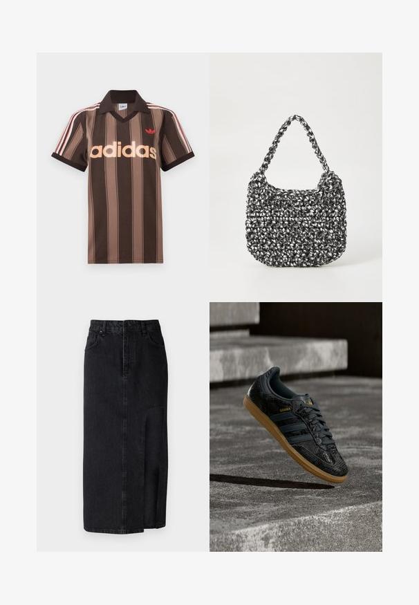 Ruskearaidallinen Adidas-pikeepaita, jossa on V-aukko, viininpunainen kaulus ja punainen logo. Paidassa on valkoiset ja punaiset olkapääraidat sekä lyhyet hihat.; Mekko mustasta denimistä, jossa on etuhalkio. Ominaisuuksiin kuuluvat normaali vyötärö, vyölenkit ja etutaskut. Hieno pinta ja suora leikkaus.; Musta Adidas Samba -tennari, jossa on teksturoitu kuvio, kumipohja ja kultainen logo, ilmassa betonisten portaiden yläpuolella.; Kudottu käsilaukku mustavalkoisena, pyöreällä muotoilulla, tekstuuripinnalla ja pitkillä punottu kahvalla. Sopii arkikäyttöön.