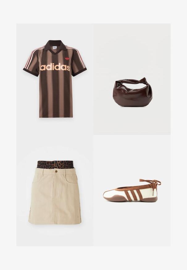 Pruunide triipudega Adidas polotee, V-kaelusega, bordeau krae ja punase logoga. Omad valge ja punase triibuga õlad ning lühikesed varrukad.; Tan denimhülss, millel on pruun leopardimustriga elastne vöökoht, eestaskud ja sirge lõige, rõhutades nähtavaid õmblusdetailide.; Kõhn beež ja pruun baleriiniking ümarate varvastega, kolme küljeribaga, pehme tallaga ja pahkluu lipsuga, valgel ühevärviser taustal.; Tumepruunast nahast õlakott, pehme ja lõdva vormiga, keeratud sõlme tüüpi sangaga, valgel ühevärvilisel taustal.