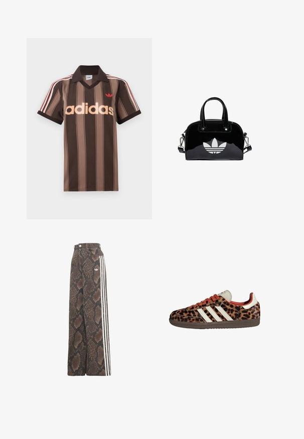 Bruine gestreepte Adidas polo met V-hals, bordeauxrode kraag en rood logo. Heeft witte en rode schouderstrepen, korte mouwen.; Wijde broek met een bruin-zwart slangenhuidpatroon, met witte drie-strepen aan de zijkant en het Adidas trefoil-logo op de heup.; Leopardprint sneakers van suède met rode veters en drie witte strepen aan de zijkant. Bevat een crèmekleurige tong en een bruine zool.; Zwarte gepatenteerde leren handtas met een afgeronde vorm, dubbele handvaten bovenaan, zilveren accenten en een opvallend wit logo aan de voorkant.