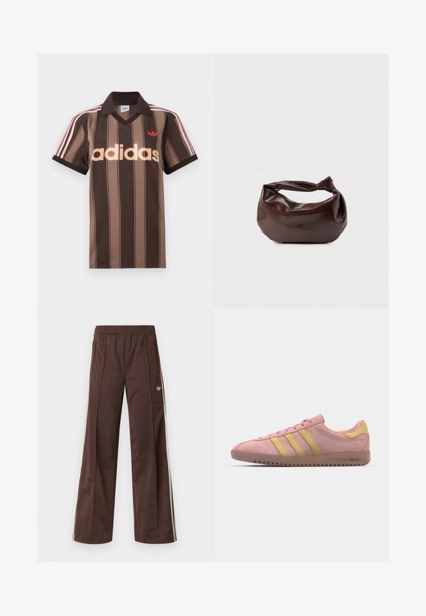 Polo Adidas marrón con rayas, cuello en V, cuello burdeos y logo rojo. Presenta rayas blancas y rojas en los hombros, mangas cortas.; Pantalones deportivos marrones con diseño de pierna ancha, franjas laterales blancas, cintura elástica y dos bolsillos laterales. Presentan un pequeño logo en la pierna.; Zapatilla de ante rosa con tres franjas amarillas, puntera redondeada y suela de goma texturizada. Diseño de perfil bajo con un collar acolchado.; Bolso de hombro de cuero marrón oscuro con una forma suave y caída, y un asa con nudo torcido sobre un fondo blanco liso.