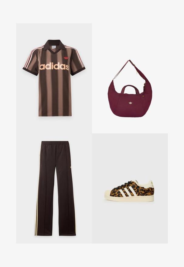 Bruine gestreepte Adidas polo met V-hals, bordeauxrode kraag en rood logo. Heeft witte en rode schouderstrepen, korte mouwen.; Zwarte trainingsbroek met gele zijstrepen, elastische tailleband, ritszakken aan de zijkant en een klein logo op het bovenbeen.; Luipaardprint sneakers met zwarte veters, witte drie-streep ontwerp, crèmekleurige rubberen neus en zool, gestructureerd bovenmateriaal.; Karmozijnrode halve maanvormige schoudertas met dubbele handvatten en gouden ritssluiting, met een klein gouden Adidas-logo op het voorste midden.