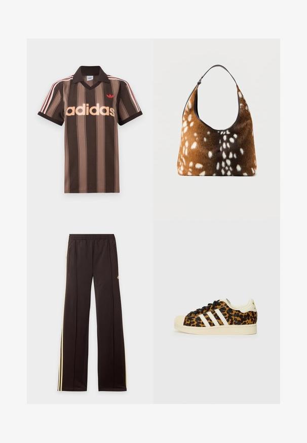 Pruunide triipudega Adidas polotee, V-kaelusega, bordeau krae ja punase logoga. Omad valge ja punase triibuga õlad ning lühikesed varrukad.; Mustad dressipüksid kollaste küljeribadega, elastse vöökohaga, küljetaskud lukuga ja väike logo reie ülaosas.; Leopardimustrilised spordijalatsid mustade paeltega, valge kolme riba disainiga, kreemika värvi kummist varvas ja tald, tekstureeritud ülemine materjal.; Pruuni ja musta käekott valge laikudega karusnahast tekstuuriga ja ühe musta õlarihmaga ühevärvilisel taustal.