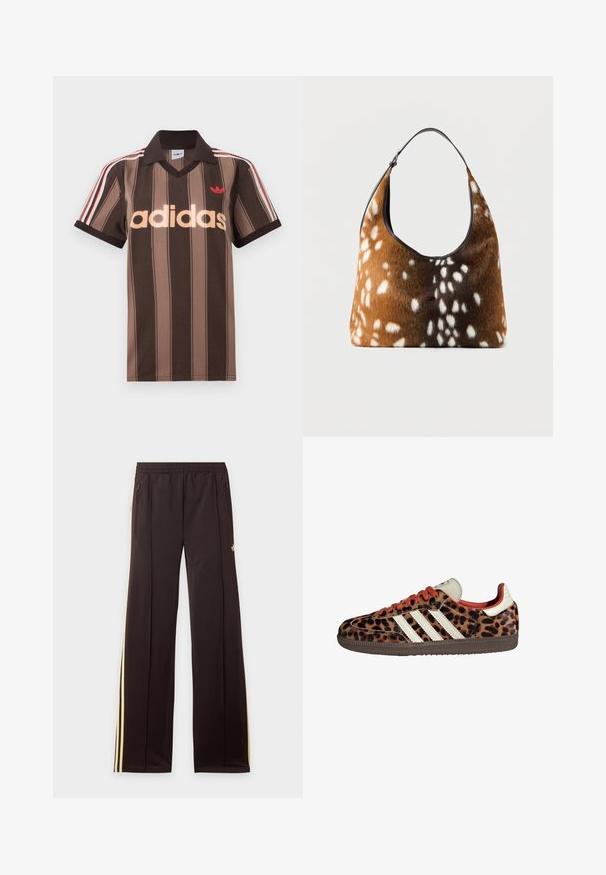Polo Adidas rayé marron avec col en V, col bordeaux, et logo rouge. Comprend des rayures blanches et rouges sur les épaules, manches courtes.; Pantalon de survêtement noir avec des bandes latérales jaunes, taille élastique, poches latérales zippées et un petit logo sur la partie supérieure de la cuisse.; Baskets en imprimé léopard avec un matériau en suède, lacets rouges et trois rayures blanches sur le côté. Présente une languette de couleur crème et une semelle marron.; Sac à main marron et noir avec une texture en fourrure blanche tachetée, doté d'une seule bandoulière noire, sur un fond uni.