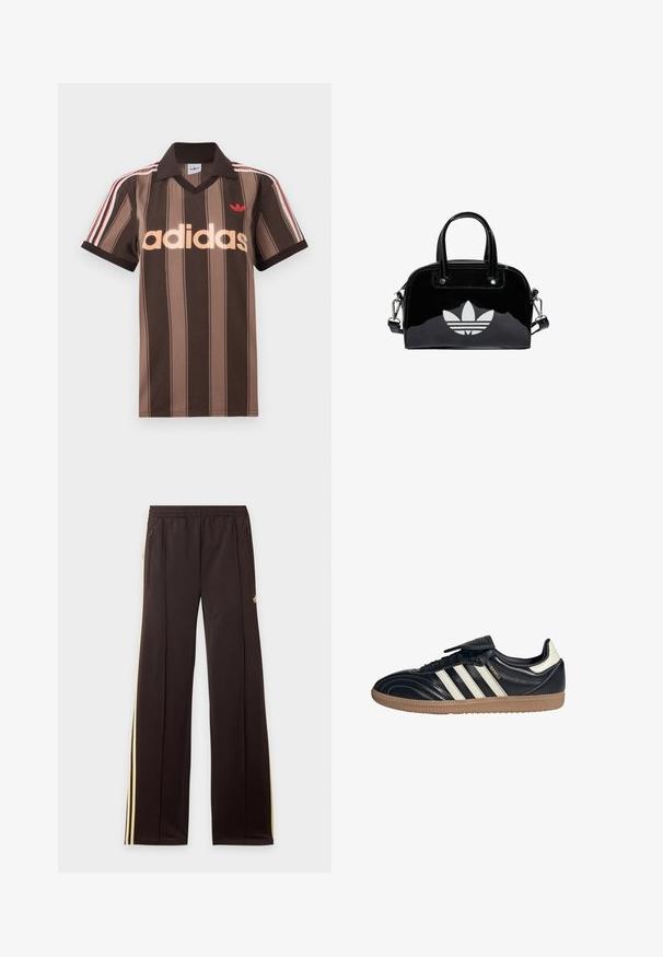 Brunstribet Adidas polo-shirt med V-hals, bordeaux krave og rødt logo. Har hvide og røde skulderstriber samt korte ærmer.; Sorte træningsbukser med gule sidelister, elastisk taljebånd, lynlåslommer i siderne og en lille logo på den øvre lår.; Sorte lædersneakers med tre hvide striber, en polstret tunge og en gummirubbersål, der har stikninger og et strømlinet design.; Sort patentlæder håndtaske med rund form, to top-håndtag, sølvdetaljer og en fremtrædende hvid logo på fronten.