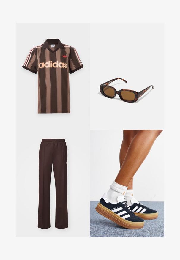 Polo Adidas marrón con rayas, cuello en V, cuello burdeos y logo rojo. Presenta rayas blancas y rojas en los hombros, mangas cortas.; Pantalones deportivos marrones con una cinturilla elástica, dos bolsillos laterales y un pequeño logo en el lado izquierdo, hechos de una tela suave.; Piernas con calcetines blancos y zapatillas Adidas Gazelle negras con rayas blancas y suelas marrones gruesas sobre un suelo alfombrado gris.; Gafas de sol de carey con forma rectangular, lentes marrones, montura de plástico suave y varillas delgadas que presentan sutiles patrones tonales.