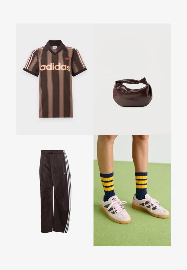 Polo Adidas marrón con rayas, cuello en V, cuello burdeos y logo rojo. Presenta rayas blancas y rojas en los hombros, mangas cortas.; Pantalones de chándal Adidas negros con tres rayas blancas a los lados, cintura elástica, bolsillo lateral con cremallera y logotipo de Adidas en la pierna izquierda.; Zapatillas de ante rosa claro con rayas negras y suelas de goma, combinadas con calcetines de canalé a rayas en azul marino y amarillo. Suelo verde texturizado.; Bolso de hombro de cuero marrón oscuro con una forma suave y caída, y un asa con nudo torcido sobre un fondo blanco liso.
