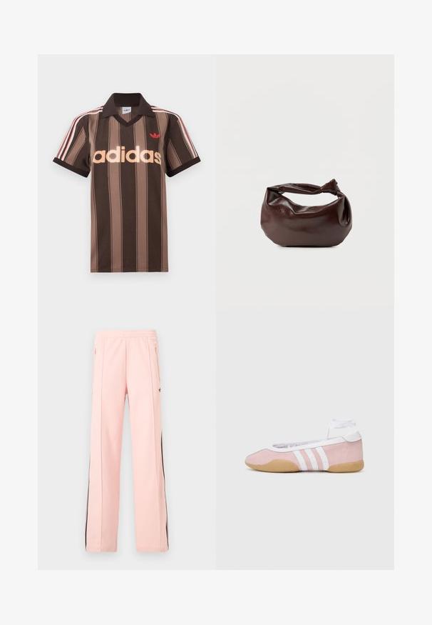 Polo Adidas rayé marron avec col en V, col bordeaux, et logo rouge. Comprend des rayures blanches et rouges sur les épaules, manches courtes.; Pantalon de survêtement rose clair avec bandes latérales noires, poches zippées et taille élastique, présenté sur un fond blanc uni.; adidas Originals TAEKWONDO MEI BALLET - Baskets basses - clear pink/ftwr white/gum; Sac bandoulière en cuir marron foncé avec une forme souple et décontractée et une anse nouée torsadée sur un fond blanc uni.