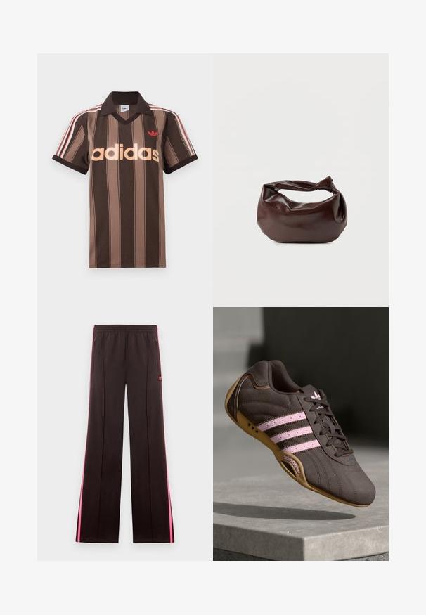 Bruine gestreepte Adidas polo met V-hals, bordeauxrode kraag en rood logo. Heeft witte en rode schouderstrepen, korte mouwen.; Zwarte sportbroek met roze zijstrepen, elastische tailleband, ritssluitingenaan zakken en Adidas-logo op linker bovenbeen.; Bruine suède sport schoen met roze strepen en logo, voorzien van een gestructureerde bovenkant, vetersluiting en een gumrubberen zool.; Donkerbruine leren schoudertas met een zachte, slungelige vorm en een gedraaide knoopvormige handgreep op een effen witte achtergrond.