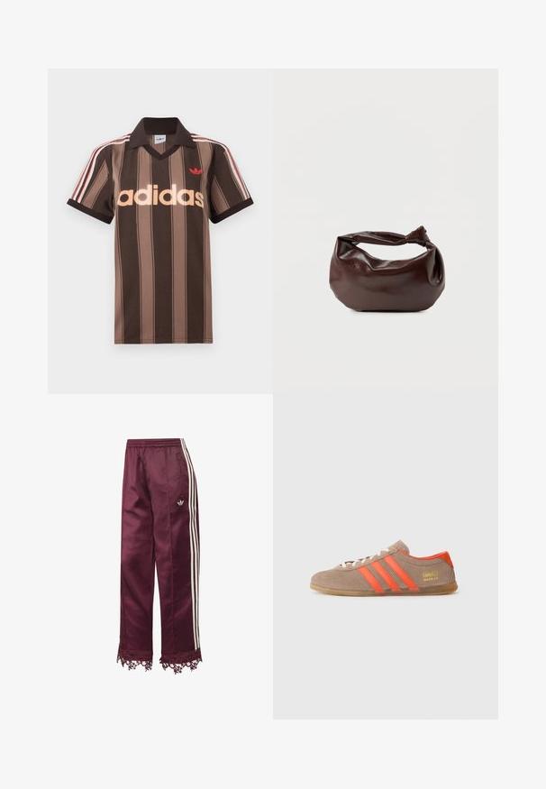 Pruunide triipudega Adidas polotee, V-kaelusega, bordeau krae ja punase logoga. Omad valge ja punase triibuga õlad ning lühikesed varrukad.; Vaarikapunaste satiinist dressipüksid valgete küljeribadega, elastse vöökohaga, lukuga taskute ja pitsikaunistusega äärel.; Pruunist nubukist tennisajad kolme erksa oranži triibuga, paeltega ees, ja kullast "Gazelle" bränding küljes. Lame kummist tallaga.; Tumepruunast nahast õlakott, pehme ja lõdva vormiga, keeratud sõlme tüüpi sangaga, valgel ühevärvilisel taustal.