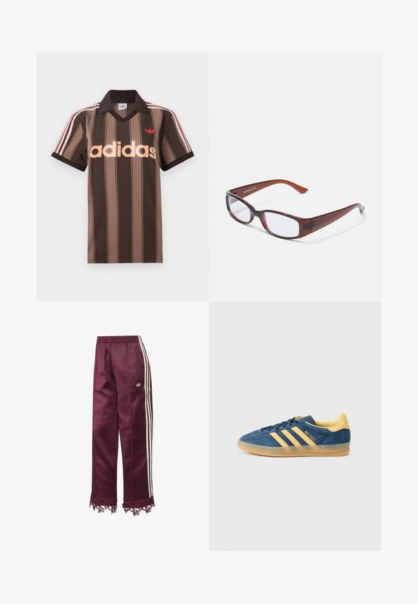 Καφέ ριγέ πόλο μπλουζάκι Adidas με V-λαιμόκοψη, μπορντό γιακά και κόκκινο λογότυπο. Διαθέτει λευκές και κόκκινες ρίγες στους ώμους, κοντά μανίκια.; Μαρόν σατινέ φόρμα με λευκές πλαϊνές ρίγες, ελαστική μέση, τσέπες με φερμουάρ και δαντέλα στο τελείωμα.; Μπλε σουέντ αθλητικό παπούτσι με κίτρινες λεπτομέρειες, τρεις κίτρινες ρίγες, υφασμένο γλώσσα και διαφανές εξωτερικό πέλμα από καουτσούκ. Ονομασία της μάρκας "Gazelle" ορατή.; Καφέ σκελετός γυαλιών σε ορθογώνιο σχήμα με γυαλιστερή φινίρισμα, διαθέτει λεπτά μπράτσα και διαφανείς φακούς. Το λογότυπο είναι ορατό στο αριστερό τιράντα.