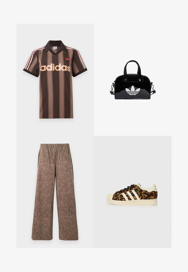 Brunstribet Adidas polo-shirt med V-hals, bordeaux krave og rødt logo. Har hvide og røde skulderstriber samt korte ærmer.; Brune bukser med vide ben og et beige dyreprintmønster, elastisk linning og kontrasterende sorte sidestriber. Blød stoftekstur.; Sneakers med leopardmønster, sorte snørebånd, hvidt design med tre striber, cremefarvet gummitå og sål samt tekstureret overmateriale.; Sort patentlæder håndtaske med rund form, to top-håndtag, sølvdetaljer og en fremtrædende hvid logo på fronten.