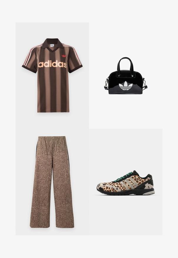 Polo Adidas marrón con rayas, cuello en V, cuello burdeos y logo rojo. Presenta rayas blancas y rojas en los hombros, mangas cortas.; Pantalones marrones de pierna ancha con un patrón de estampado animal beige, cintura elástica y franjas laterales negras a contraste. Textura suave de la tela.; adidas Originals ADIZERO ADIOS OG - Zapatillas - grey two/core black/court green; Bolso de mano de charol negro con forma redondeada, dos asas en la parte superior, acentos plateados y un prominente logotipo blanco en la parte delantera.