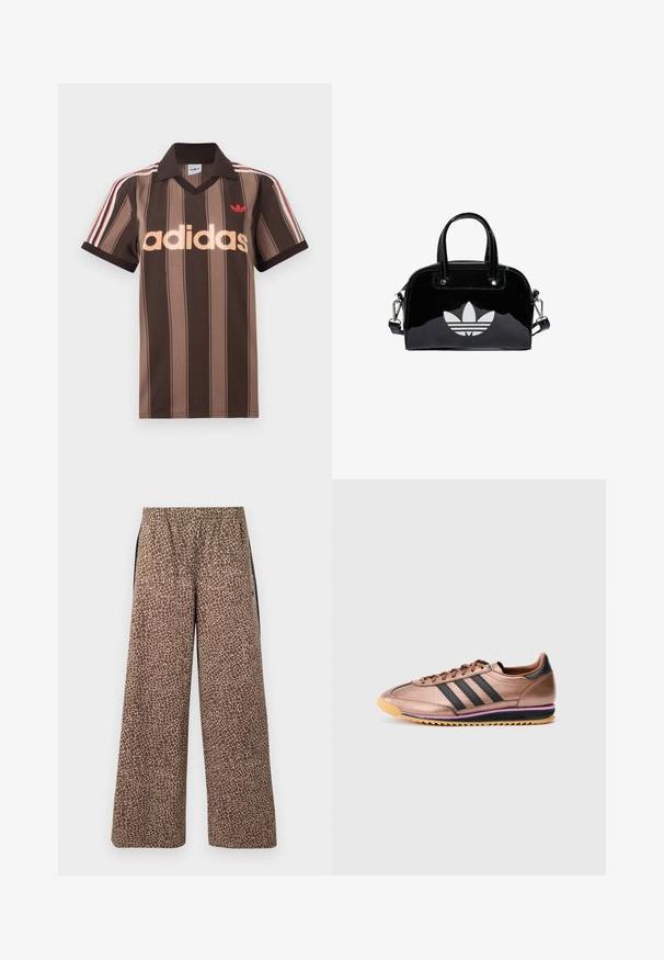 Hnedé prúžkované polo tričko Adidas s výstrihom do V, bordovým golierom a červeným logom. Má bielo-červené pruhy na ramenách a krátke rukávy.; Hnedé široké nohavice s béžovým zvieracím vzorom, elastickým pásom a kontrastnými čiernymi bočnými pásmi. Mäkká textúra látky.; Bronzová atletická obuv s tromi čiernymi pruhmi, hladký povrch, dizajn na šnurovanie, kontrastná svetlohnedá podrážka s fialovým akcentom, retro štýl.; Čierna lakovaná kožená kabelka s okrúhlym tvarom, dvojitými hornými rúčkami, striebornými akcentmi a výrazným bielym logom na prednej strane.