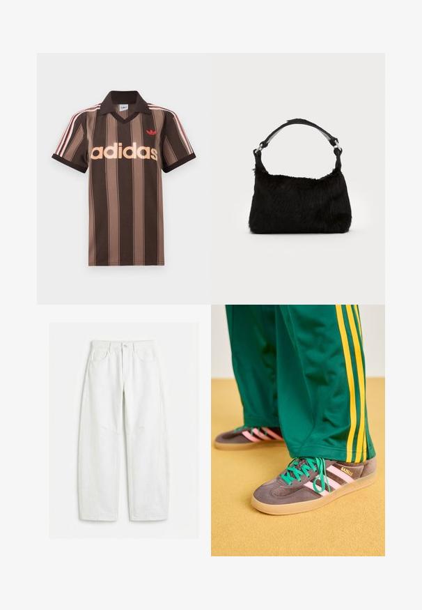 Καφέ ριγέ πόλο μπλουζάκι Adidas με V-λαιμόκοψη, μπορντό γιακά και κόκκινο λογότυπο. Διαθέτει λευκές και κόκκινες ρίγες στους ώμους, κοντά μανίκια.; Λευκά τζιν με ίσια γραμμή, μπροστινές τσέπες, θηλιές για ζώνη, κλείσιμο με κουμπί και ορατές ραφές.; Πράσινες αθλητικές φόρμες με κίτρινες ρίγες, σε συνδυασμό με γκρι sneakers Adidas Gazelle με ροζ ρίγες και πράσινα κορδόνια σε κίτρινο πάτωμα.; Μαύρη τσάντα χειρός από ψεύτικη γούνα με απαλή υφή, στρογγυλή σχήμα και ανθεκτική μαύρη δερμάτινη ιμάντα ώμου. Ορατά ασημένια αξεσουάρ.