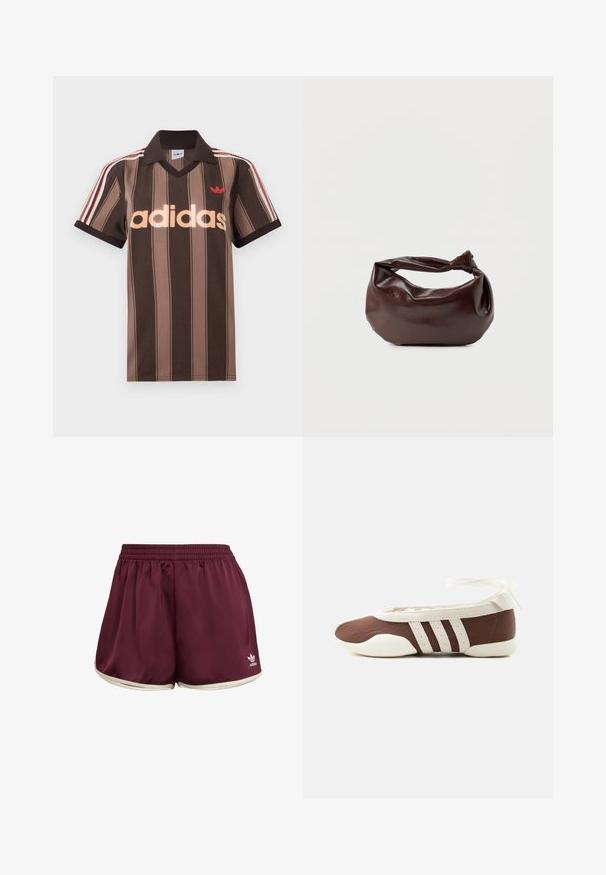 Brunstribet Adidas polo-shirt med V-hals, bordeaux krave og rødt logo. Har hvide og røde skulderstriber samt korte ærmer.; adidas Originals SPRINTER - Shorts - maroon cream white; Brun og hvid balletflad sko med tre hvide striber og ankelbånds sløjfe på en ensartet lys baggrund.; Mørkebrun læder skuldertaske med en blød, afslappet form og et snoet knudehåndtag på en ensartet hvid baggrund.