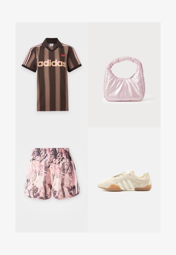 Polo Adidas marrón con rayas, cuello en V, cuello burdeos y logo rojo. Presenta rayas blancas y rojas en los hombros, mangas cortas.; Shorts de color rosa y marrón con un estampado, un cinturón elástico y franjas laterales, que presentan un diseño gráfico que se asemeja a follaje y ramas.; Zapatilla beige de perfil bajo con tres franjas blancas, paneles laterales de ante texturizado, suela de goma y cierre con cordones sobre un fondo liso.; Bolso de mano acolchado en color rosa con un diseño redondeado, fabricado en material brillante. Presenta un asa fruncida y un cierre de cremallera para un acceso seguro.
