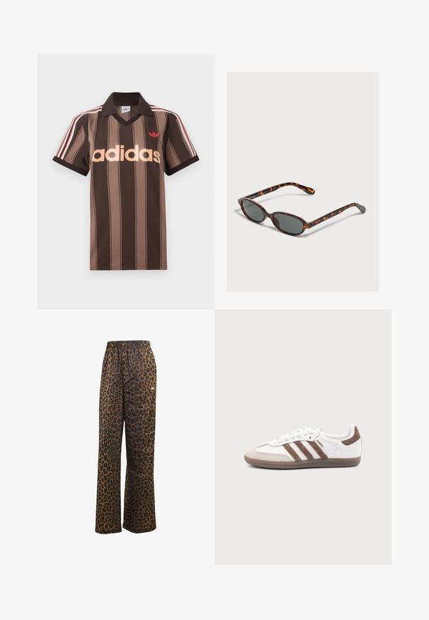 Polo Adidas rayé marron avec col en V, col bordeaux, et logo rouge. Comprend des rayures blanches et rouges sur les épaules, manches courtes.; adidas Originals WIDE LEG LEO PRINT SATIN PANTS - Pantalon de survêtement - multicolor bronze strata; Baskets Adidas Samba blanches avec des bandes en daim marron, semelle en caoutchouc marron et bout en daim beige, vues du côté extérieur sur un fond uni.; Petites lunettes de soleil ovales en écaille avec des verres foncés reposant sur une surface gris clair.