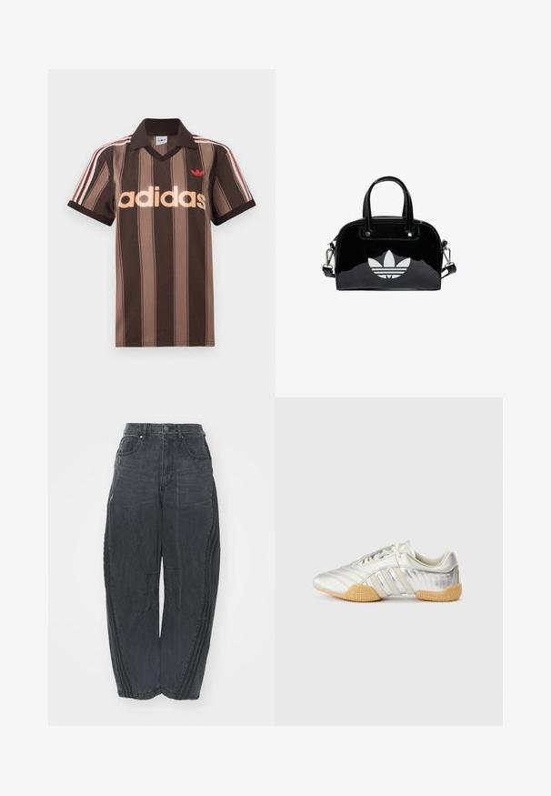 Hnedé prúžkované polo tričko Adidas s výstrihom do V, bordovým golierom a červeným logom. Má bielo-červené pruhy na ramenách a krátke rukávy.; Voľné čierne denimové džínsy so zosušeným povrchom, piatimi vreckami, zapínaním na gombík v páse a prešívaním na prednej strane a po stranách.; Strieborná športová obuv s hladkým koženým zvrškom, gumovou podrážkou a textúrovanými detailmi. Má zakrivený dizajn a šnúrky v rovnakom odtieni.; Čierna lakovaná kožená kabelka s okrúhlym tvarom, dvojitými hornými rúčkami, striebornými akcentmi a výrazným bielym logom na prednej strane.