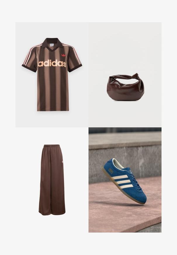 Hnedé prúžkované polo tričko Adidas s výstrihom do V, bordovým golierom a červeným logom. Má bielo-červené pruhy na ramenách a krátke rukávy.; adidas Originals Tepláky - auburn cream white; Modrá semišová teniska s krémovými pruhmi a šnúrkami, podrážka z gumy, textúrovaný povrch, zaoblená špička a logo na boku.; Tmavohnedá kožená kabelka cez rameno s mäkkým, voľným tvarom a držadlom v podobe skrúteného uzla na jednoduchom bielom pozadí.