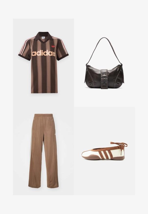 Καφέ ριγέ πόλο μπλουζάκι Adidas με V-λαιμόκοψη, μπορντό γιακά και κόκκινο λογότυπο. Διαθέτει λευκές και κόκκινες ρίγες στους ώμους, κοντά μανίκια.; Καφέ αθλητικά παντελόνια φτιαγμένα από μαλακό ύφασμα, με ελαστική μέση, πλαϊνές τσέπες και λευκές λεπτομέρειες λογότυπου στο αριστερό ισχίο.; Λεπτό μπεζ και καφέ μπαλαρίνα με στρογγυλεμένη μύτη, τρεις πλαϊνές ρίγες, μαλακή σόλα και δέσιμο στον αστράγαλο πάνω σε μονόχρωμο λευκό φόντο.; Καφέ δερμάτινη τσάντα ώμου με καμπύλη μορφή, που διαθέτει έντονη διάκοσμηση από κούμπωμα, αντίθετη ραφή και μία μόνο λουρί ώμου.