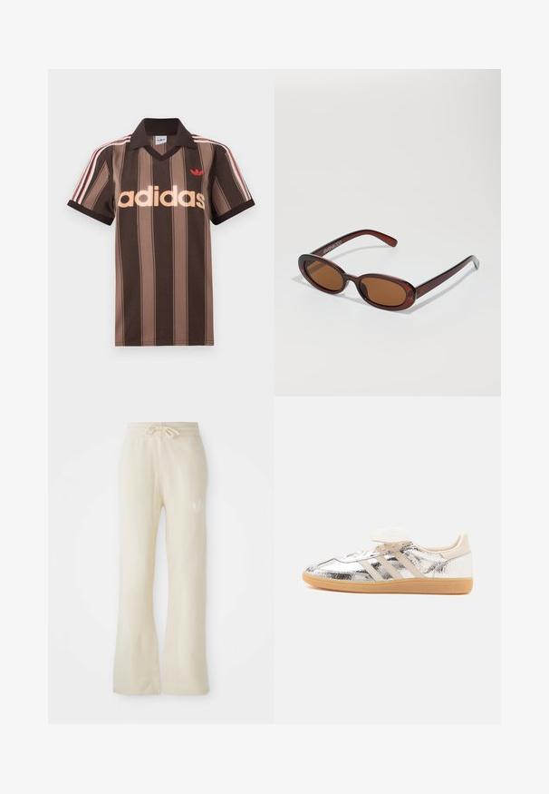 Braunes gestreiftes Adidas-Poloshirt mit V-Ausschnitt, bordeauxrotem Kragen und rotem Logo. Mit weißen und roten Schulterstreifen, kurzen Ärmeln.; Cremefarbene Jogginghose aus einem weichen Material, mit einem Kordelzugbund und ausgestellten Beinen. Subtiles Logo-Detail an der linken Hüfte.; Niedriger Sneaker mit glänzend silbernem Obermaterial, beige drei Streifen, weiße Schnürsenkel und leicht braune Gummisohle, in Seitenansicht auf weißem Hintergrund gezeigt.; Runde, braun getönte Sonnenbrillen mit einem glänzenden burgunderfarbenen Rahmen. Schlanke Bügel mit dezentem Branding. Flaches Linsendesign.