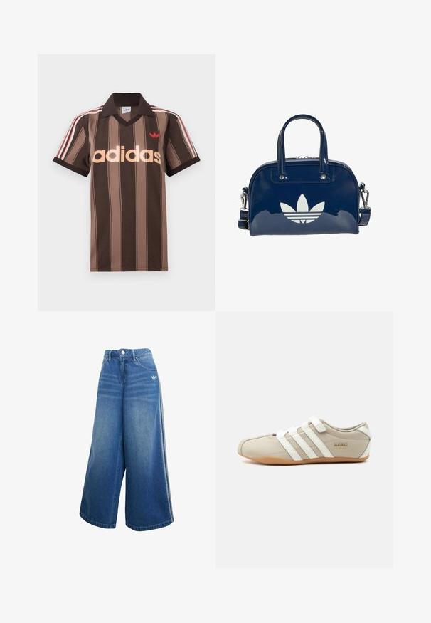 Polo Adidas rayé marron avec col en V, col bordeaux, et logo rouge. Comprend des rayures blanches et rouges sur les épaules, manches courtes.; Jeans en denim à jambes larges de couleur bleu moyen, dotés d'une taille haute, de détails de couture subtils et d'un petit logo blanc à l'avant.; Baskets Adidas Tokyo beige avec bandes blanches, fermetures velcro et semelle en gomme, vues de côté sur un fond uni.; Sac à main bleu foncé brillant avec double poignée et bandoulière réglable, arborant un grand logo blanc Adidas tréfle à l'avant.