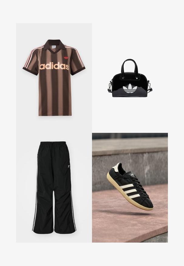Brunstribet Adidas polo-shirt med V-hals, bordeaux krave og rødt logo. Har hvide og røde skulderstriber samt korte ærmer.; Sorte vindjakke-bukser med elastisk talje, snøre, hvide side-striber, løs pasform og en lille logo på venstre side.; Sort Adidas sneaker med hvide striber og beige sål, fanget i luften over en stenet overflade og baggrund af en stenmur.; Sort patentlæder håndtaske med rund form, to top-håndtag, sølvdetaljer og en fremtrædende hvid logo på fronten.