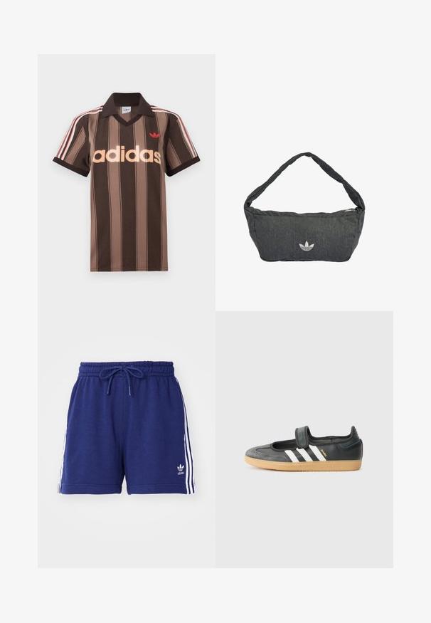 Brunstribet Adidas polo-shirt med V-hals, bordeaux krave og rødt logo. Har hvide og røde skulderstriber samt korte ærmer.; Mørkeblå træningsshorts med snøre i taljen, præget af hvide sidelister og et broderet logo nederst til venstre. Blødt stof.; Sort læder- og ruskinds sneakers med en Velcro-rem, der har tre hvide striber og en gummisål, mærket "SAMBA" på siden.; Mørkegrå skuldertaske lavet af tekstureret stof med lynlåslukning og broderet logo foran. Lang, buet strop.