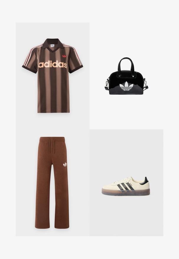 Braunes gestreiftes Adidas-Poloshirt mit V-Ausschnitt, bordeauxrotem Kragen und rotem Logo. Mit weißen und roten Schulterstreifen, kurzen Ärmeln.; Braune Sweatpants aus weichem Stoff mit lockerem Schnitt, ausgestattet mit einem elastischen Bund, einem Kordelzug und einem weißen Logo am linken Oberschenkel.; Beiger Sneaker mit drei schwarzen Streifen, rund zulaufender Spitze, strukturierter Gummisohle und glattem Obermaterial. Verfügt über eine gepolsterte Ferse und dezentes Branding.; Schwarze Handtasche aus Lackleder mit abgerundeter Form, doppelten Tragegriffen, silbernen Akzenten und einem auffälligen weißen Logo auf der Vorderseite.