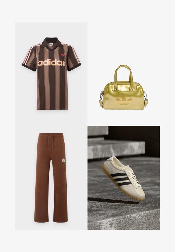 Brunstribet Adidas polo-shirt med V-hals, bordeaux krave og rødt logo. Har hvide og røde skulderstriber samt korte ærmer.; Brune sweatpants i blødt stof med en afslappet pasform, der har en elastisk talje, snørre og et hvidt logo på venstre lår.; Hvid sneaker med sorte striber og gummisål svæver over betontrapper i blødt dagslys.; Guldmetalisk håndtaske med dobbelte top-håndtag, lynlåslukning og aftagelig skulderrem. Funktionen inkluderer prægede logo foran og glat tekstur.