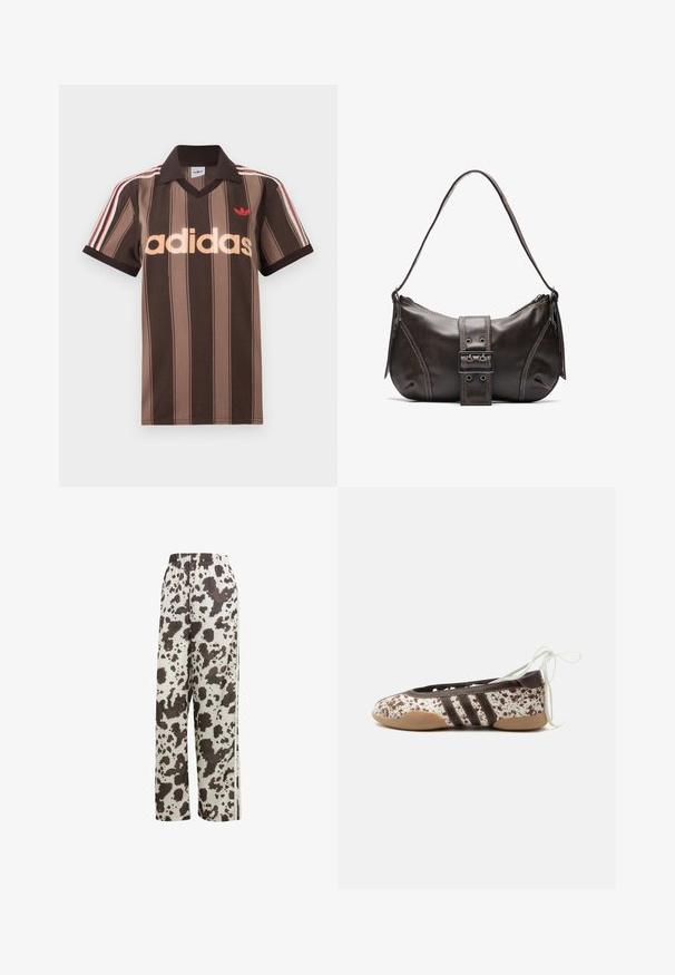 Braunes gestreiftes Adidas-Poloshirt mit V-Ausschnitt, bordeauxrotem Kragen und rotem Logo. Mit weißen und roten Schulterstreifen, kurzen Ärmeln.; adidas Originals COW PRINT SATIN WIDE LEG - Jogginghose - multicolor off white; Flacher Ballettschuh mit braun-weiß gesprenkeltem Muster, drei dunklen Streifen an der Seite, hellbrauner Sohle und weißen Schnürsenkeln am Knöchel.; Braune Lederumhängetasche mit gebogener Form, die mit einem auffälligen Schnallendetail, kontrastierenden Nähten und einem einzigen Schulterriemen ausgestattet ist.