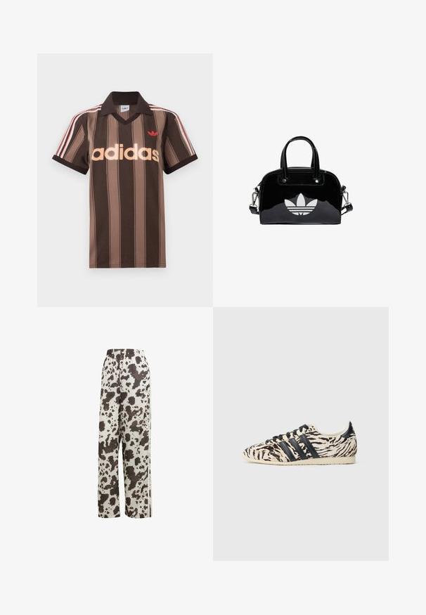 Bruine gestreepte Adidas polo met V-hals, bordeauxrode kraag en rood logo. Heeft witte en rode schouderstrepen, korte mouwen.; adidas Originals COW PRINT SATIN WIDE LEG - Trainingsbroek - multicolor off white; Adidas sneakers met een tijgerstreepjespatroon, met een beige en zwarte vachtachtige textuur, op een crèmekleurige rubberen zool met zwarte veters en strepen.; Zwarte gepatenteerde leren handtas met een afgeronde vorm, dubbele handvaten bovenaan, zilveren accenten en een opvallend wit logo aan de voorkant.
